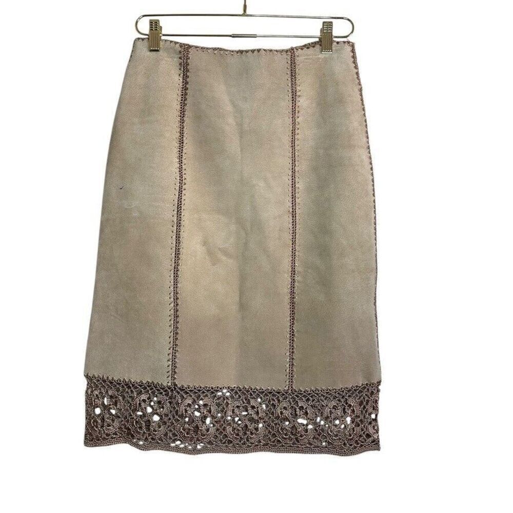 IDI Vintage Leather Suede‎ Skirt Women's M Tan Crochet Retro 70s 80s Hippie Boho